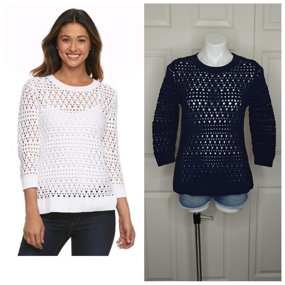 Croft & Barrow Cotton Navy Open-Work High-Low Sweater sz M